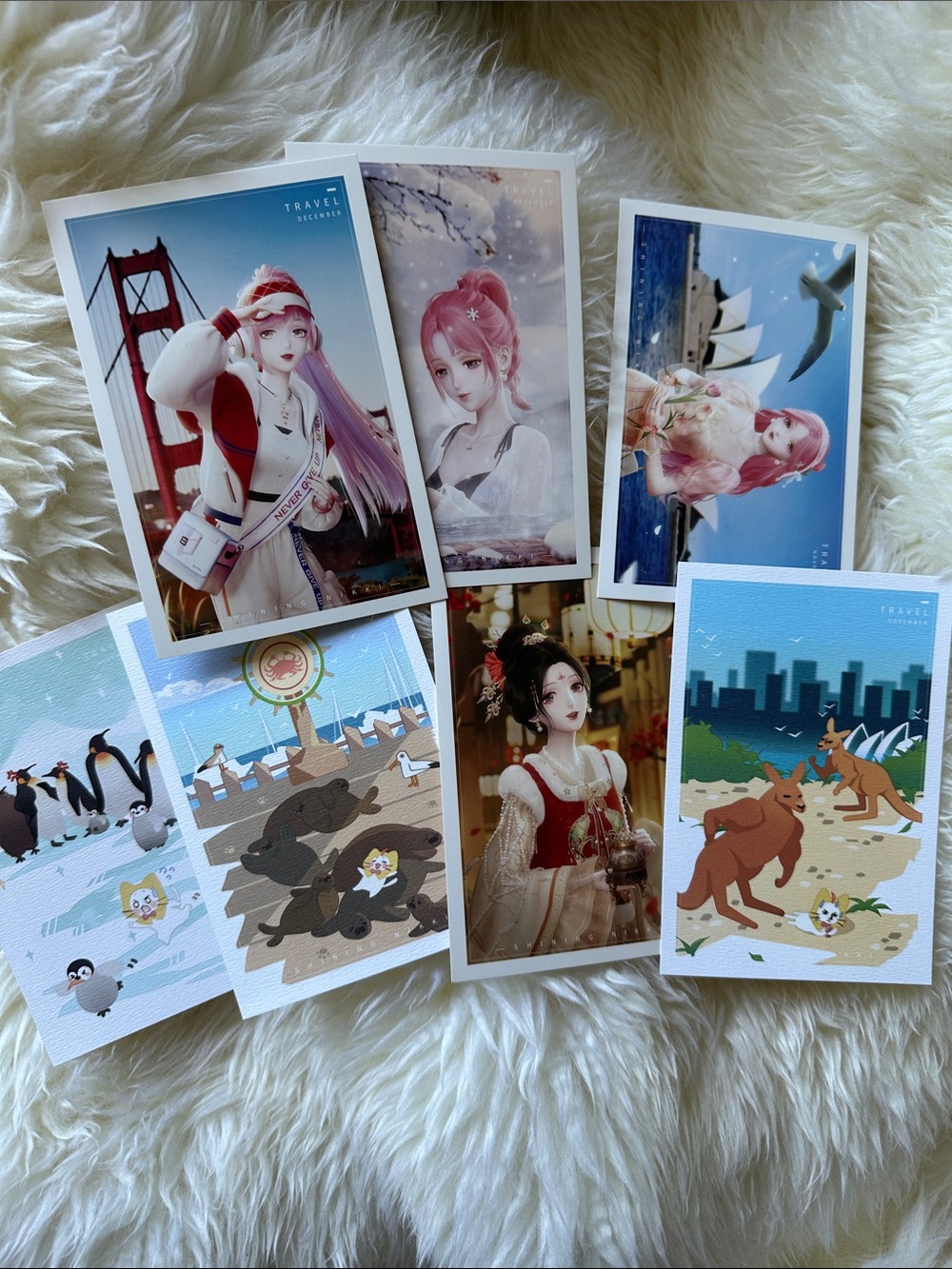 Set of 7 Nikki and Momo Travel Postcards